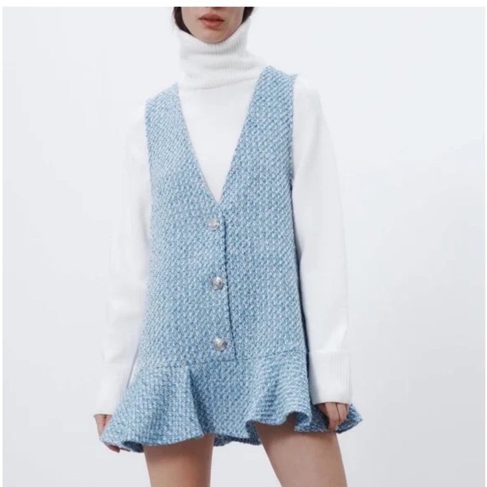 Zara Blue Tweed Ruffle Pinafore Dress